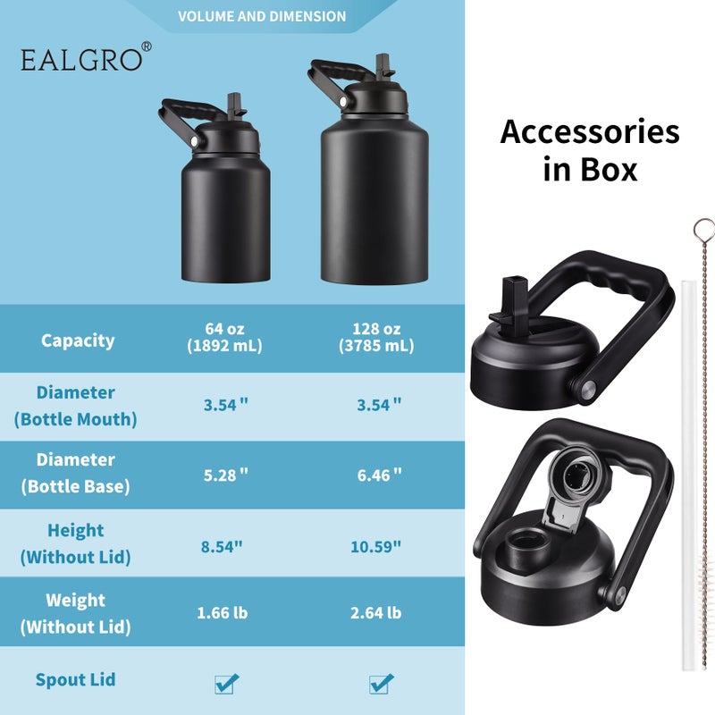 EALGRO إبريق زجاجة مياه معزول نصف جالون من EALGRO مع قش سعة 64 أونصة قارورة مياه رياضية معدنية كبيرة من الفولاذ المقاوم للصدأ مع مقبض كوب ماء حراري مع غطاءين باللون الأسود - Image 5